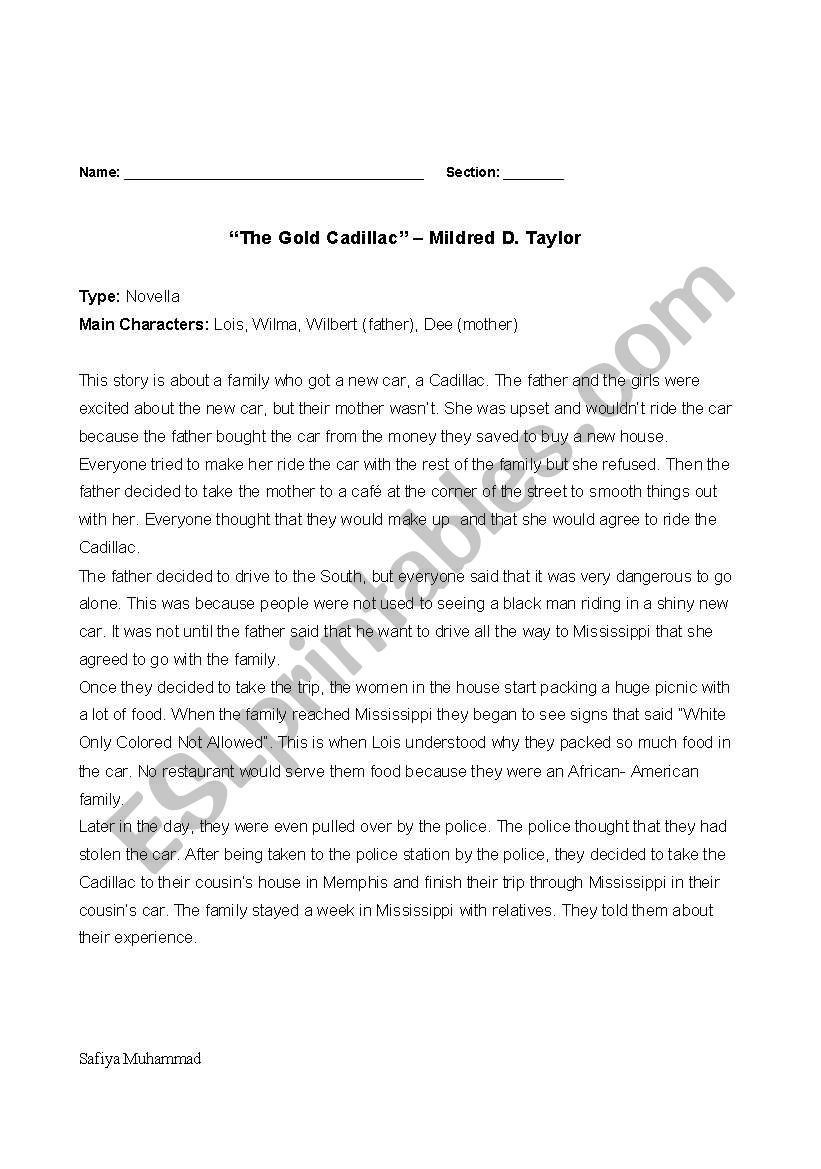 The Gold Cadillac  worksheet