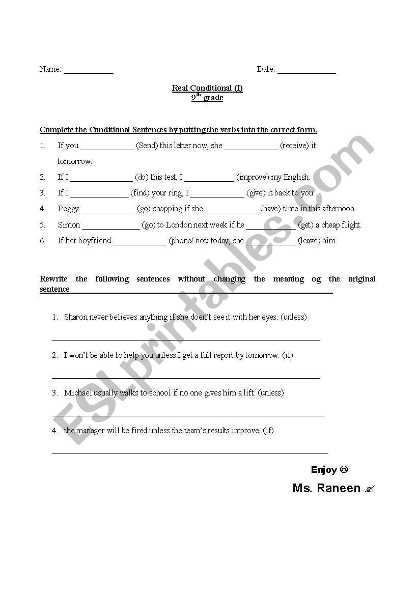 first condional worksheet