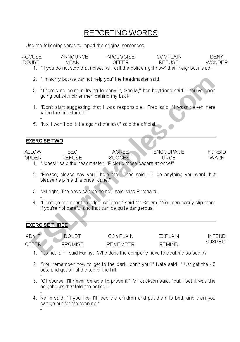 reporting words worksheet