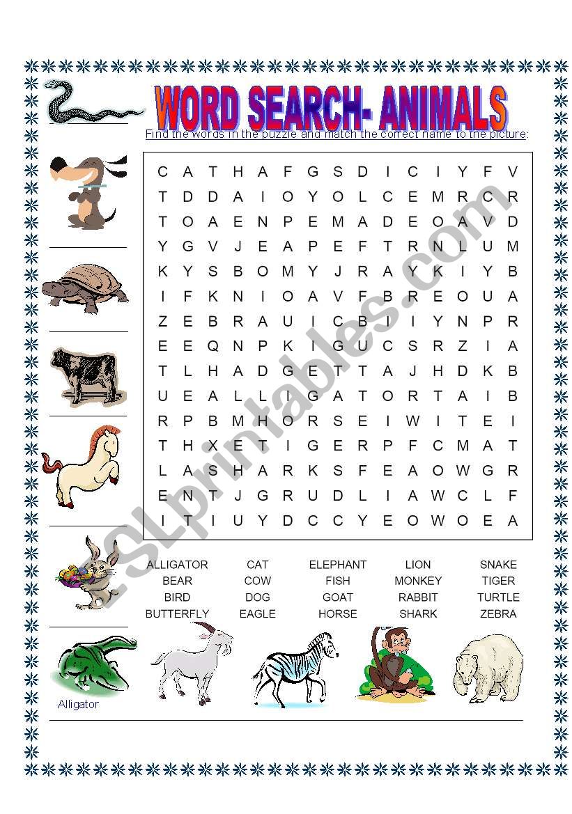 Word search- animals worksheet
