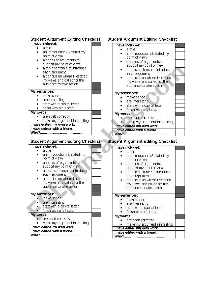 student argument writing checklist