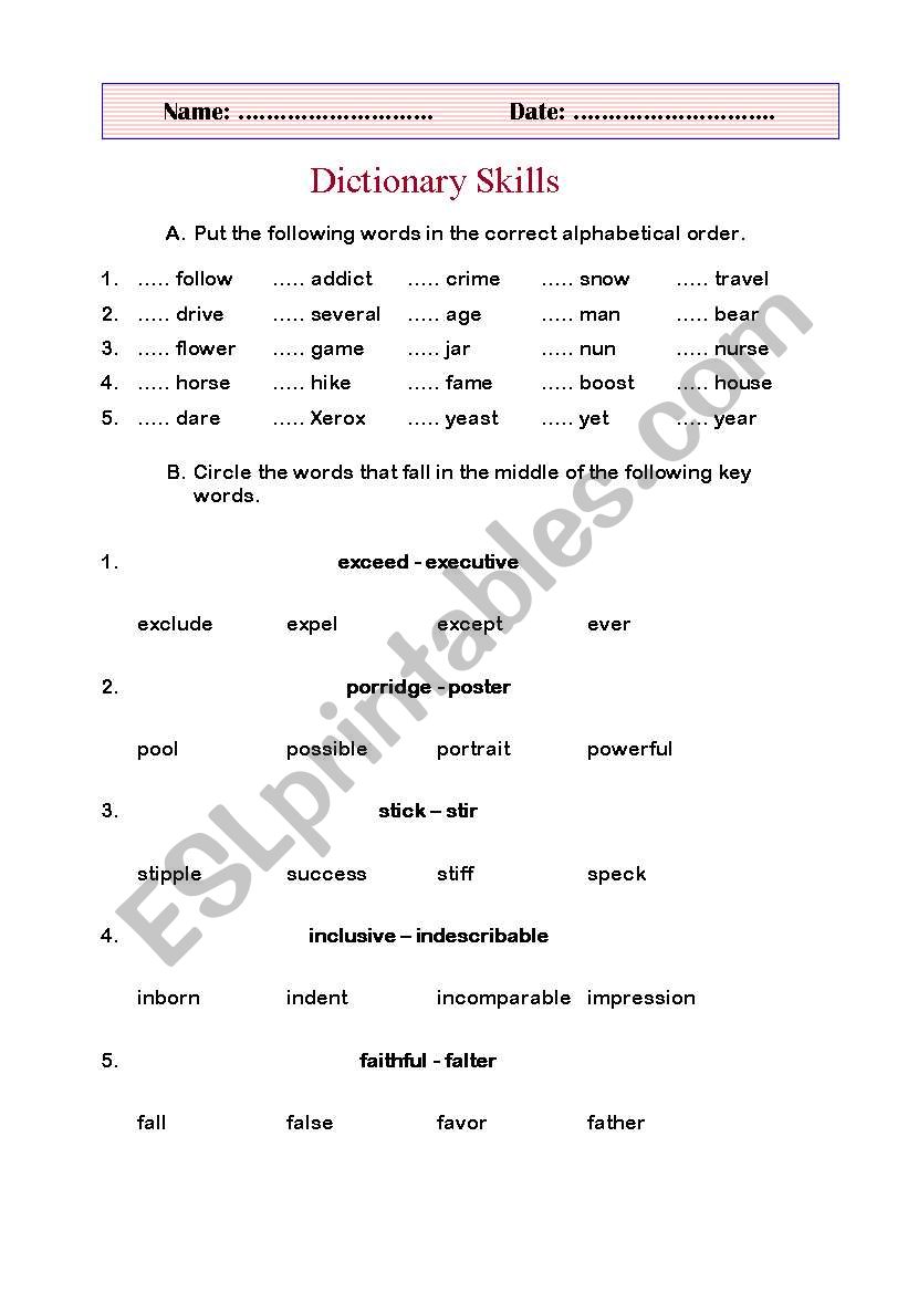 dictionary skills worksheet