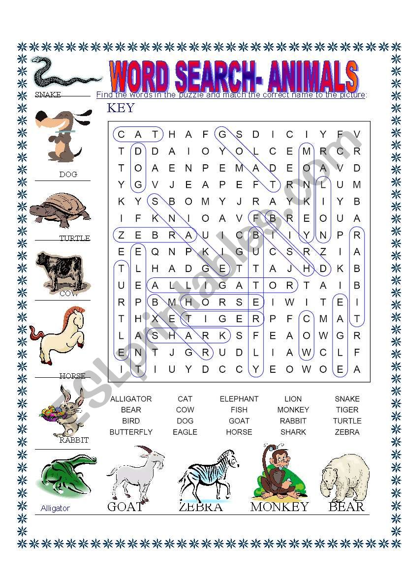 Word search- animals- KEY worksheet