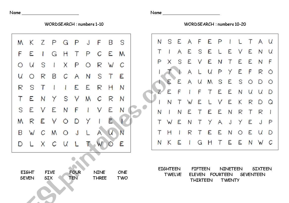 Numbers wordsearch worksheet