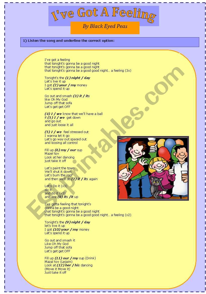 Song Ive Got a Feeling worksheet