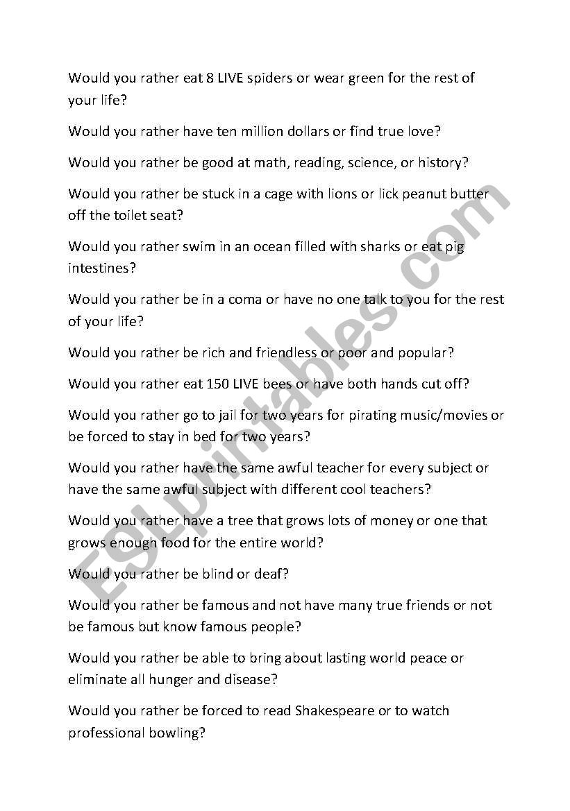 Would your rather? worksheet