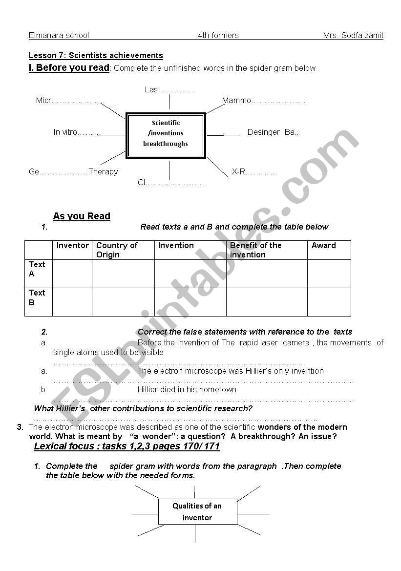 Scientists achievement worksheet