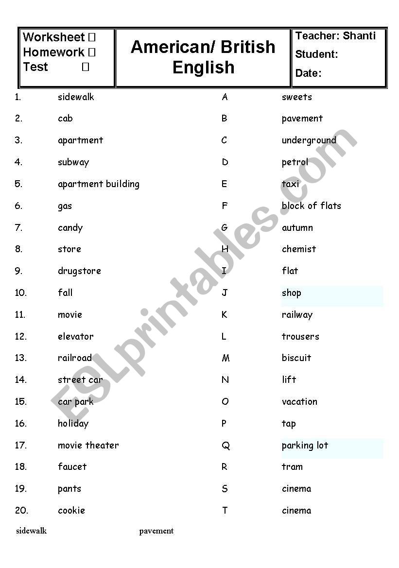 British and American English worksheet