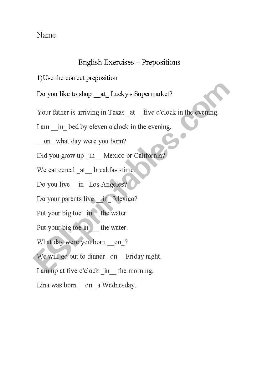 Prepositions worksheet