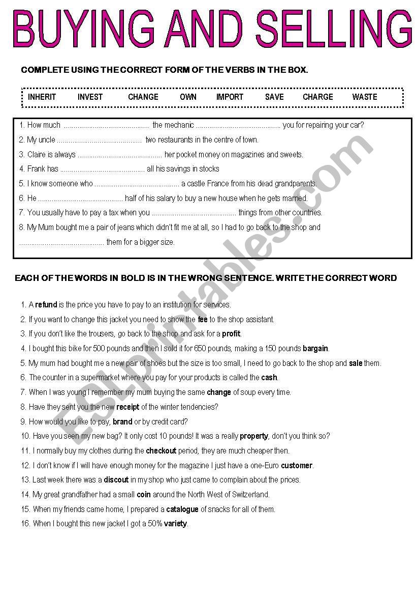 BUYING AND SELLING (2) worksheet