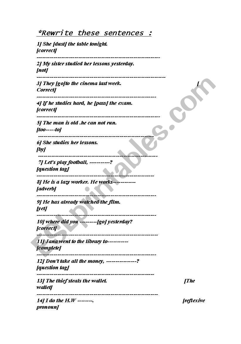 rewrite these sentences worksheet