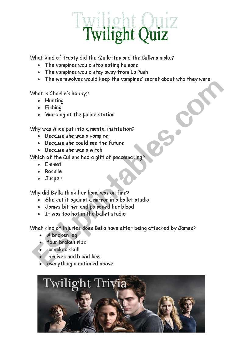 Twilight trivia, quiz worksheet