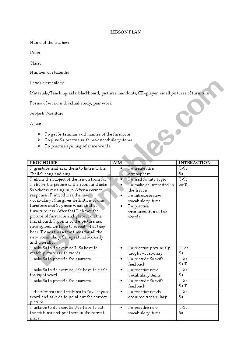 LESSON PLAN-FURNITURE worksheet