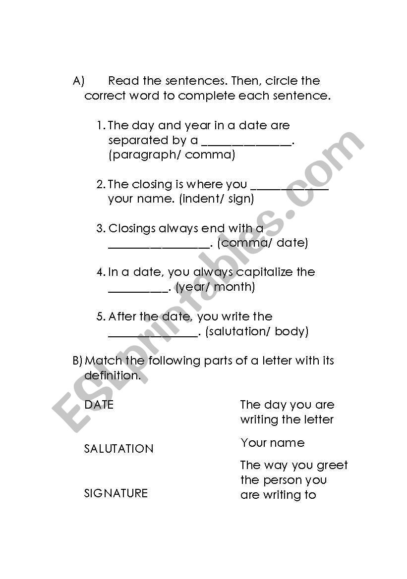 Parts of a Letter worksheet