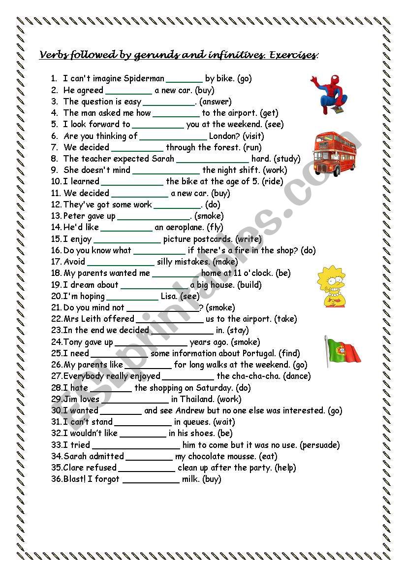 Verbs followed by -ing and infinitive - exercises