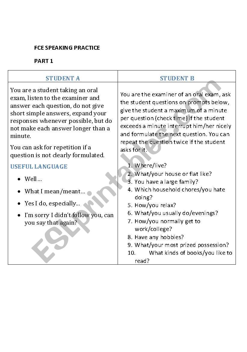 FCE SPEAKING PRACTICE - PART 1