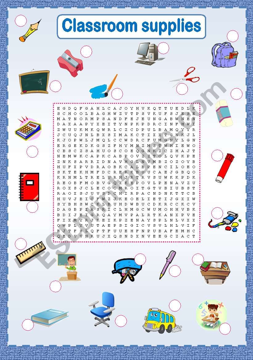 clasroom supplies wordsearch worksheet