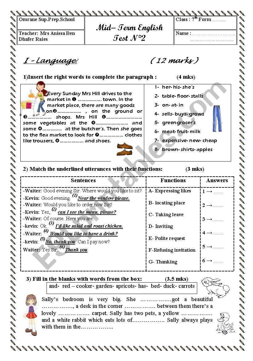 7th form test worksheet