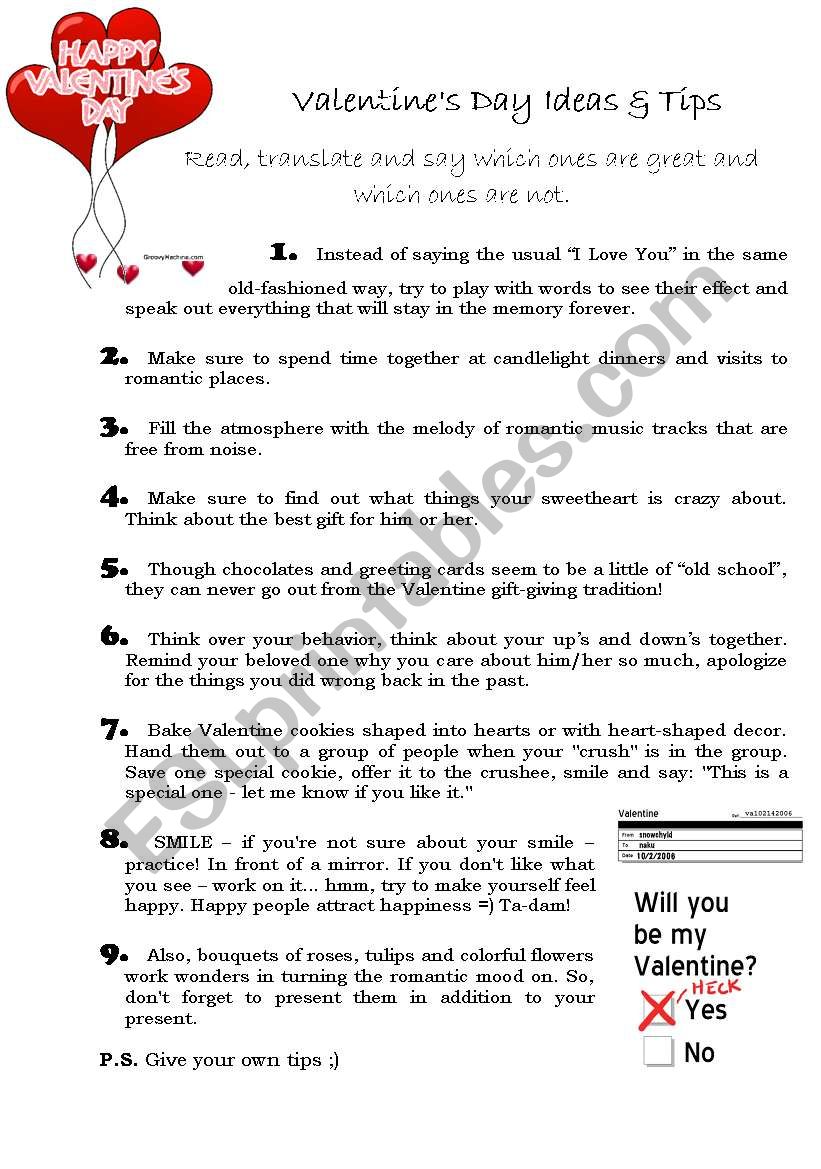 Valentines Day tips and ideas worksheet