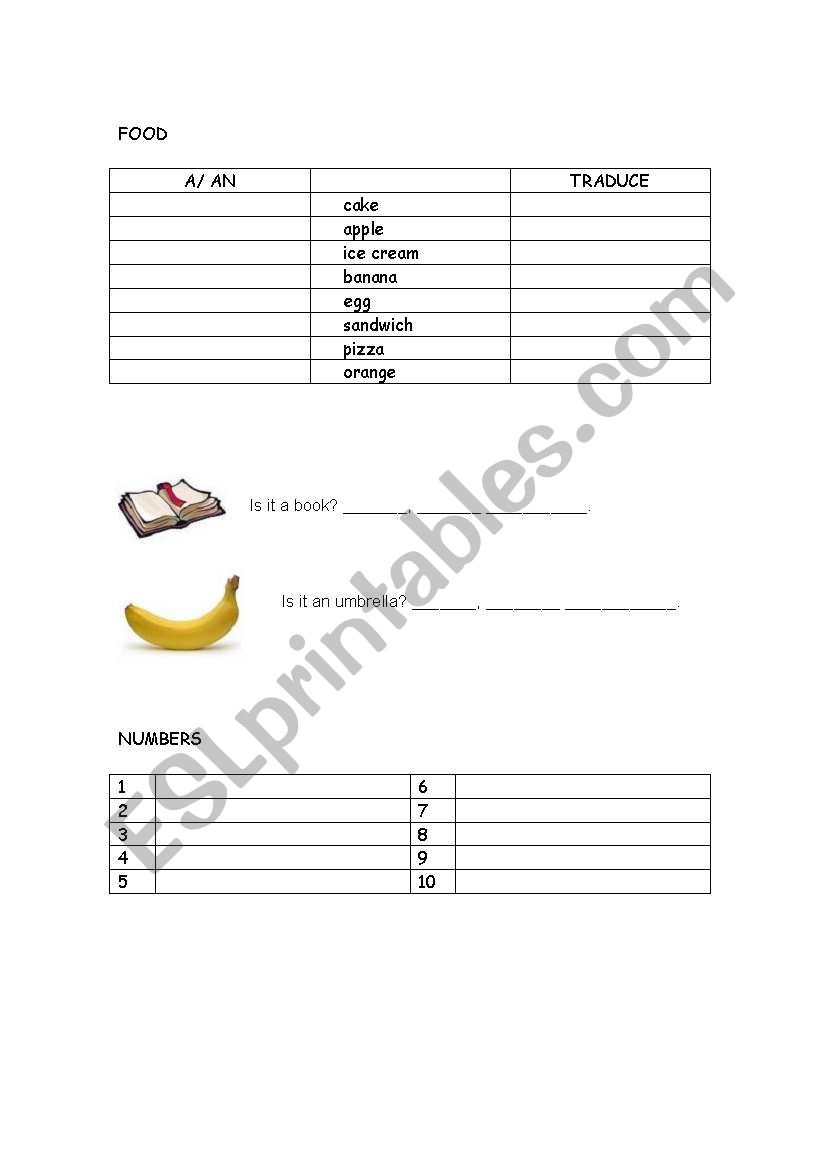 articles, numbers and food worksheet