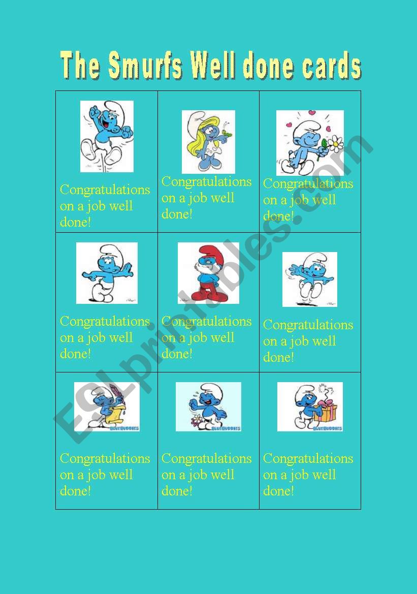 The Smurfs Well done cards worksheet