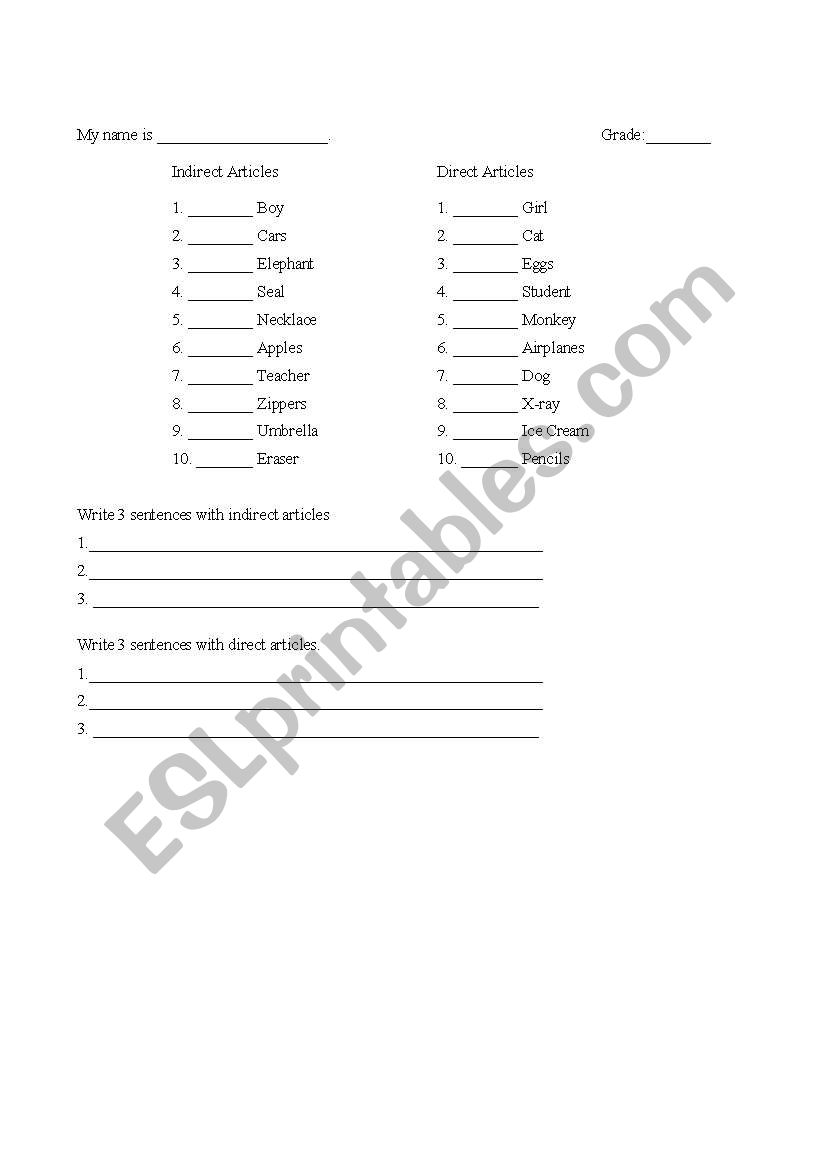 Direct and Indirect Articles worksheet