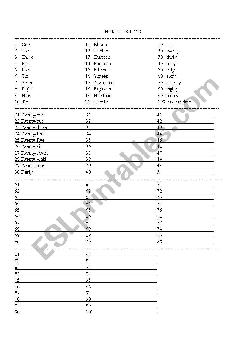 Practice for Numbers 1-100 worksheet