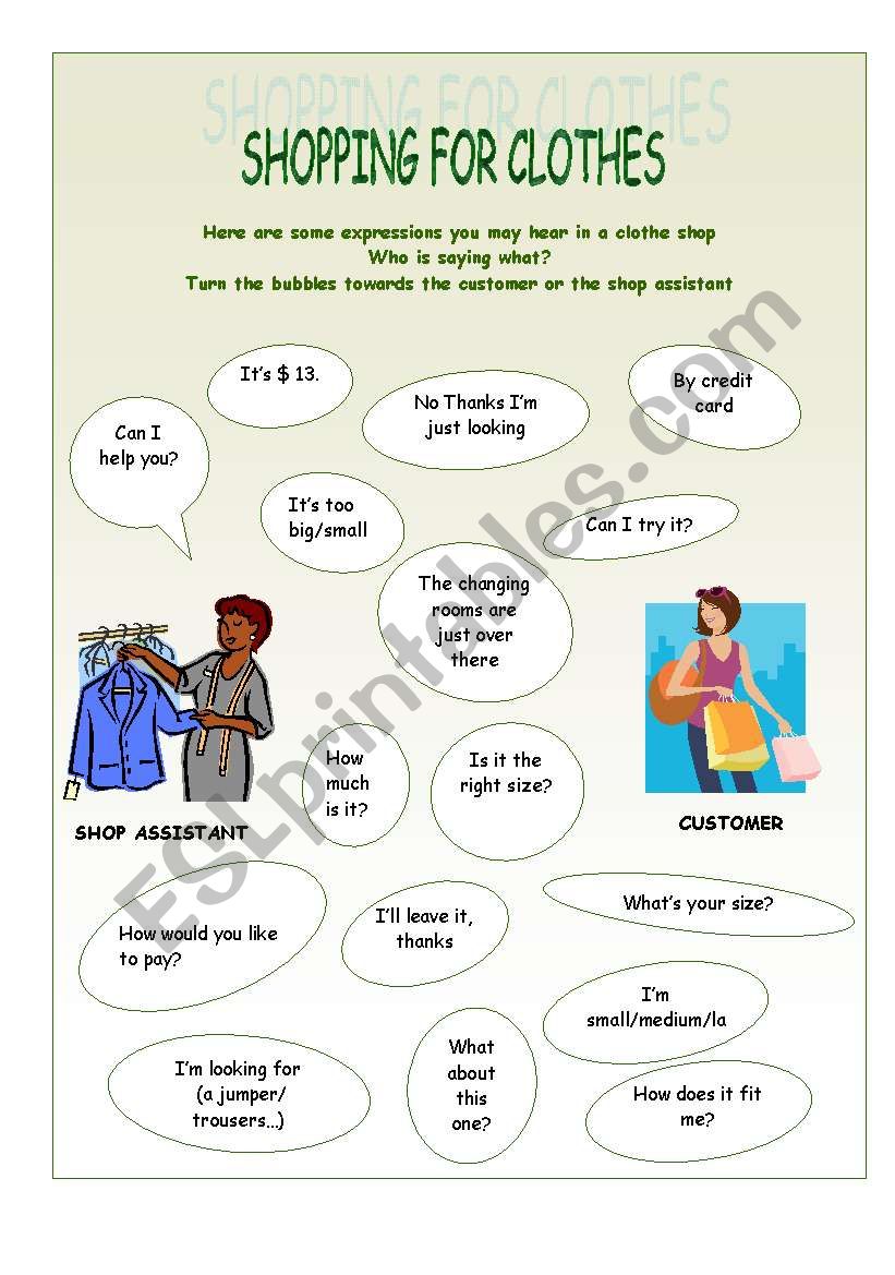 shopping for clothes worksheet