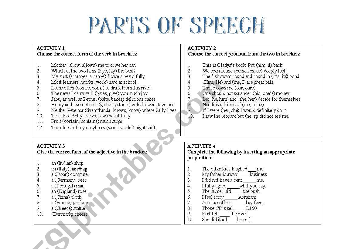 Parts of Speech Worksheet 1 worksheet