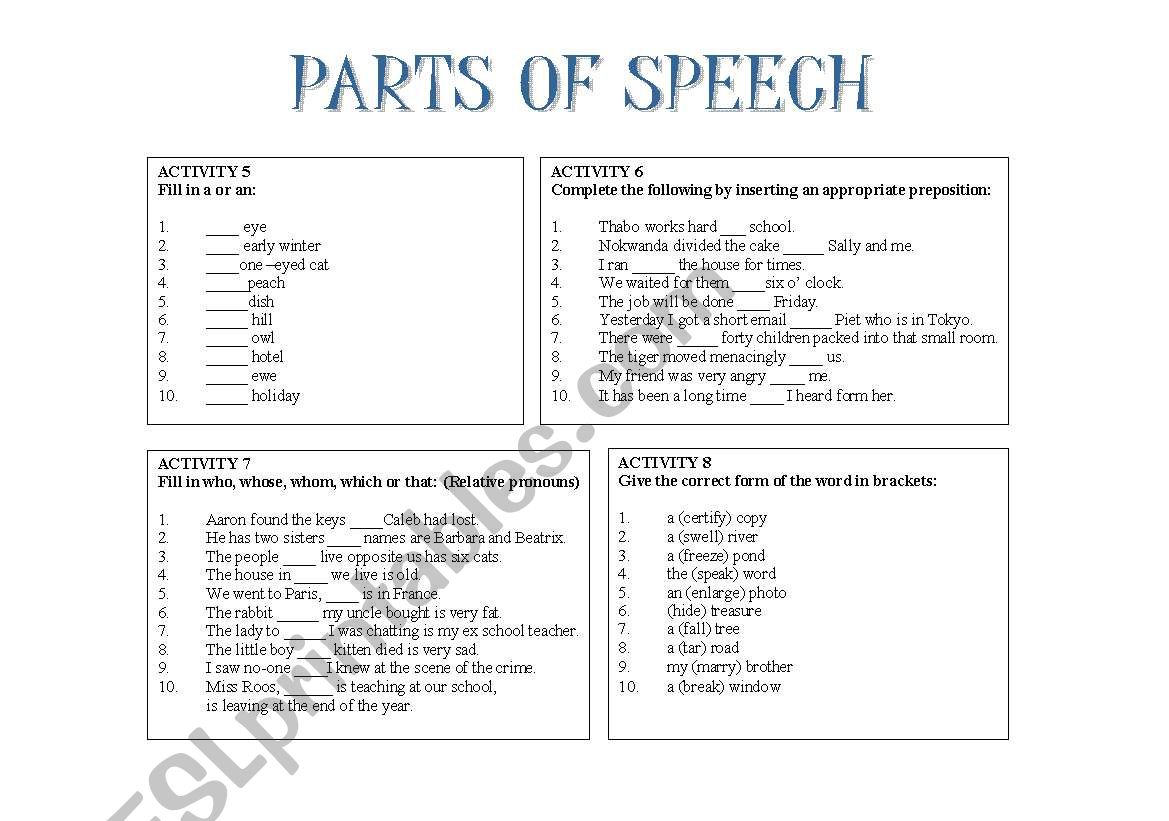 Parts of Speech Worksheet 2 worksheet