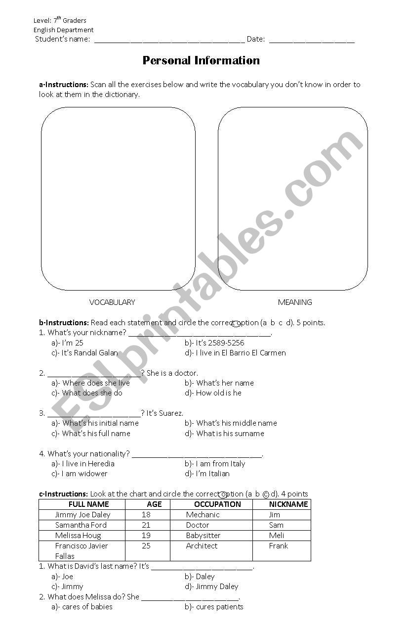 Personal Information worksheet