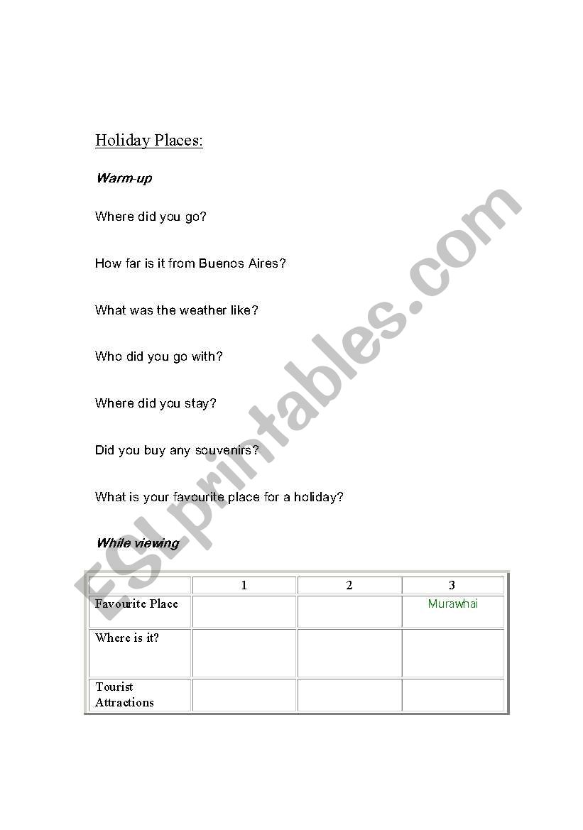 Holiday places worksheet