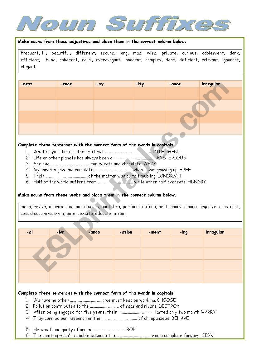 Noun and adjective suffixes worksheet