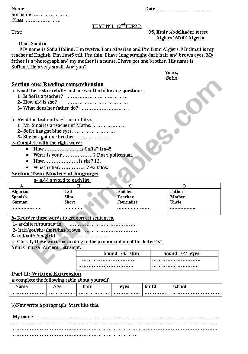 english test (2nd term) worksheet