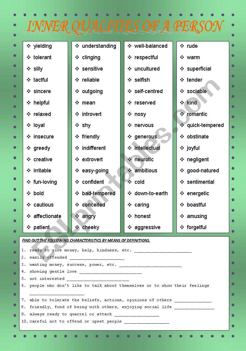 inner qualities  worksheet