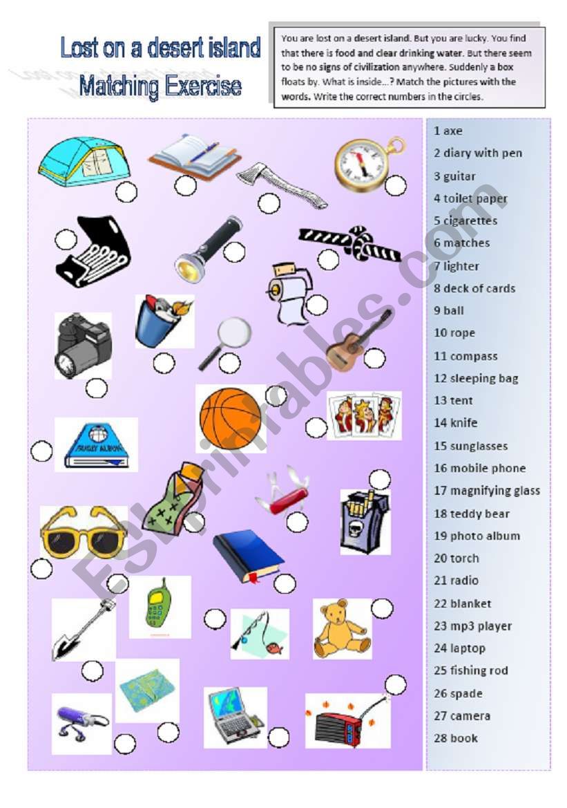 Lost on a desert island 1/3: Vocabulary - Matching exercise