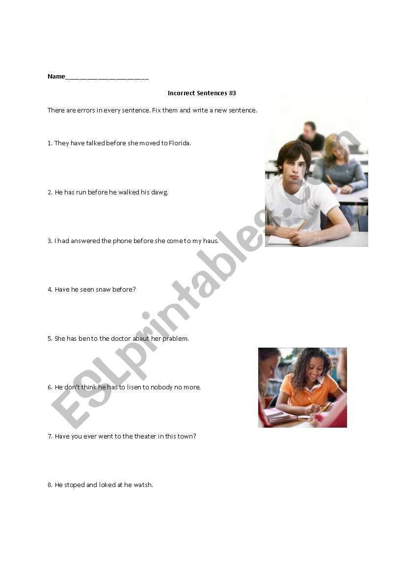 Incorrect Sentences #3 worksheet