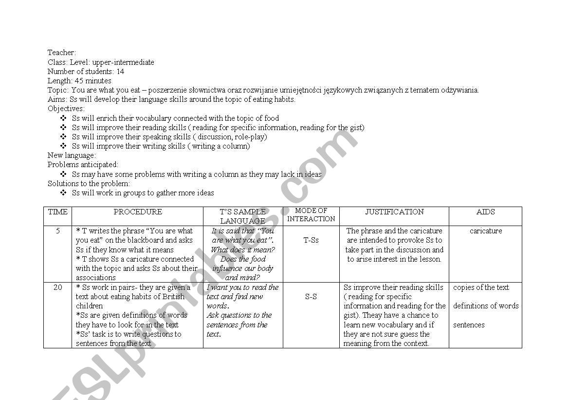 You are what You eat worksheet