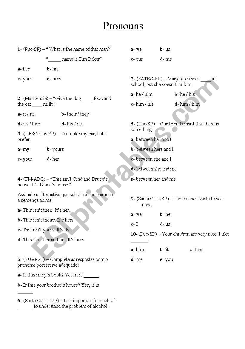 pronouns worksheet