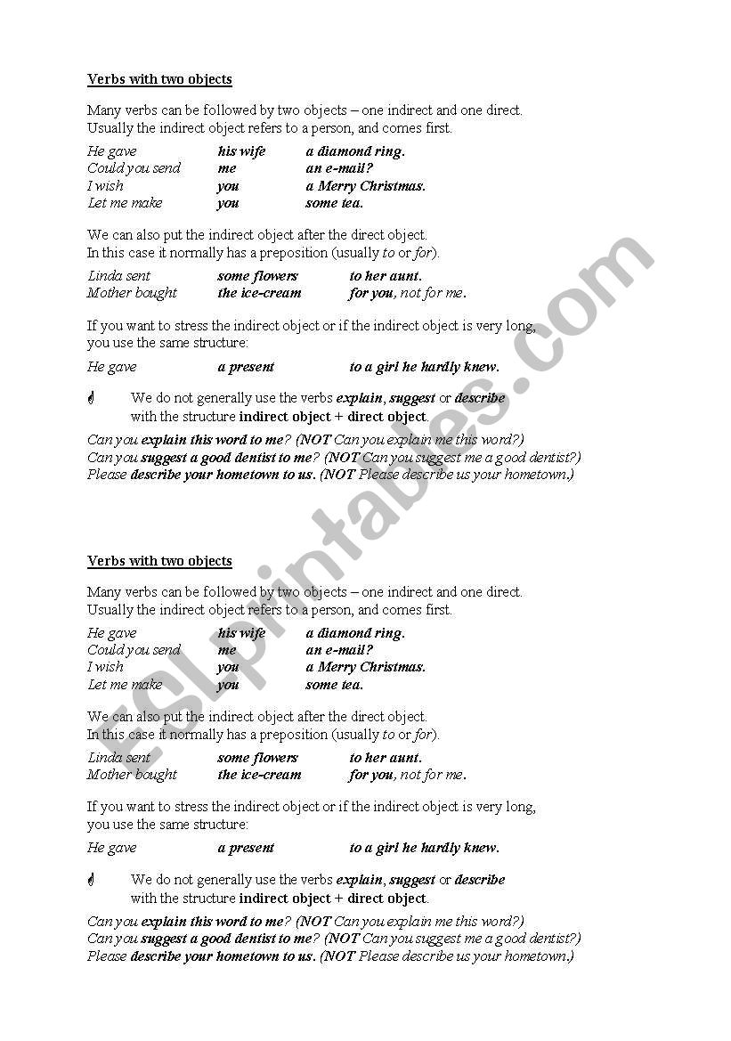 verbs with two objects worksheet