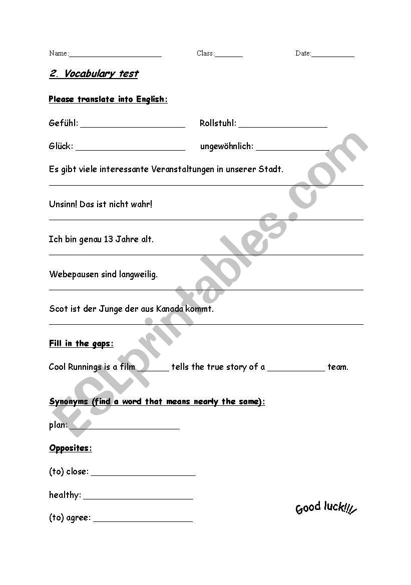 Vocab test Green Line Unit 2 worksheet