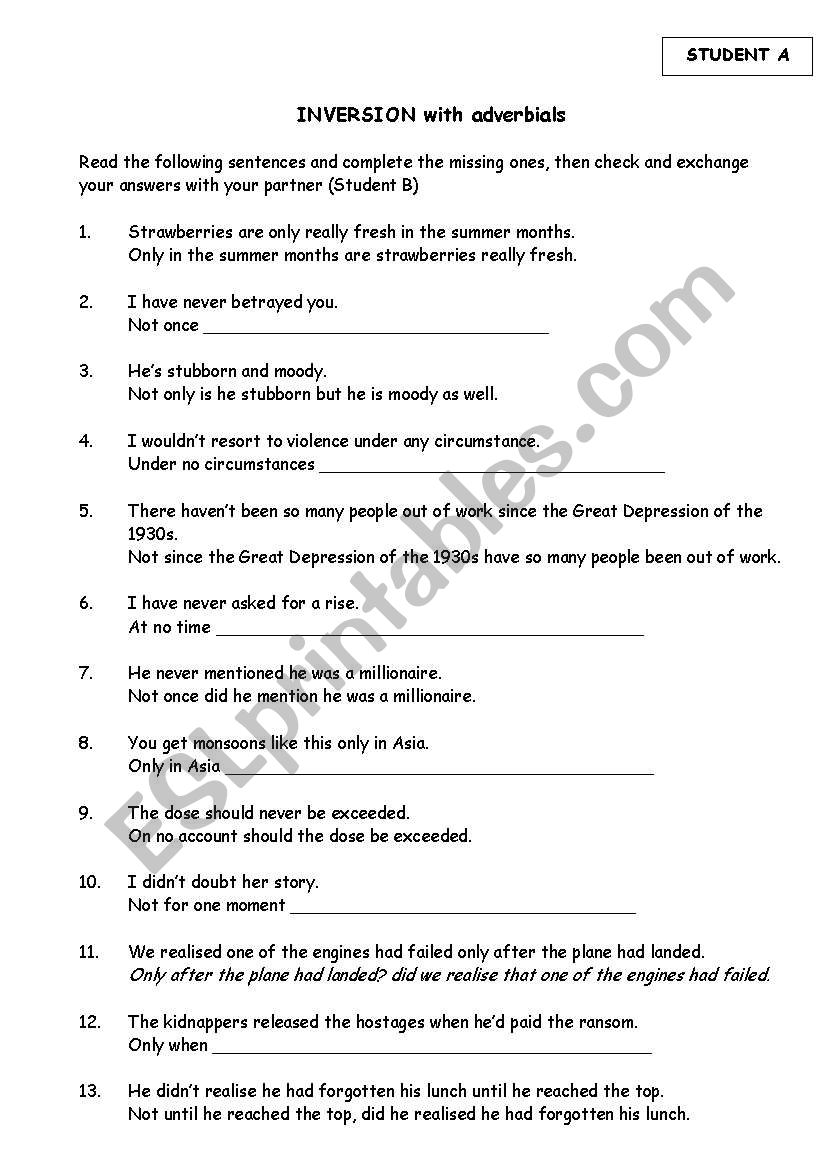 Inversion with adverbials worksheet