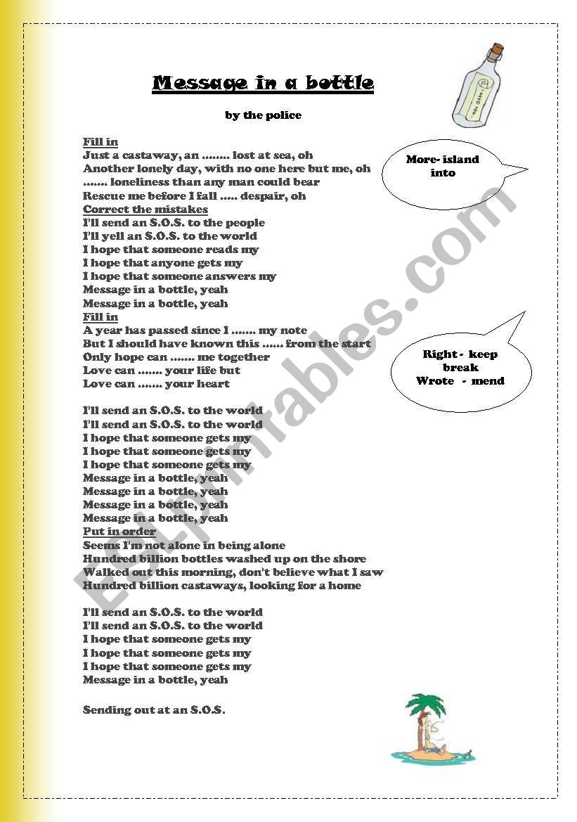 message in a bottle worksheet