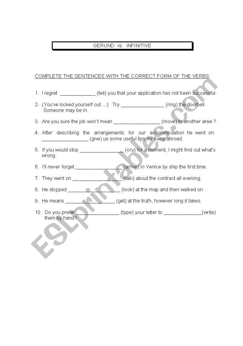 Gerunds vs Infinitives worksheet