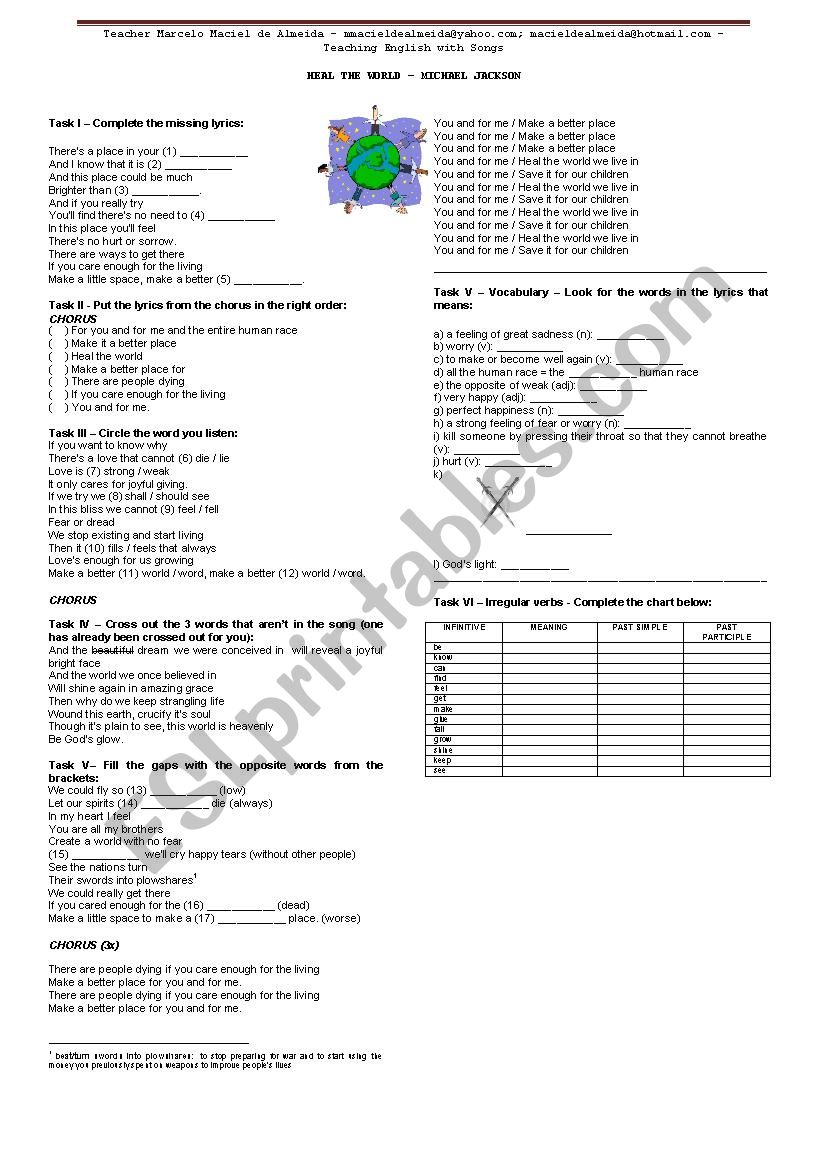 Michal Jackson - Heal the world - a song activity with different tasks