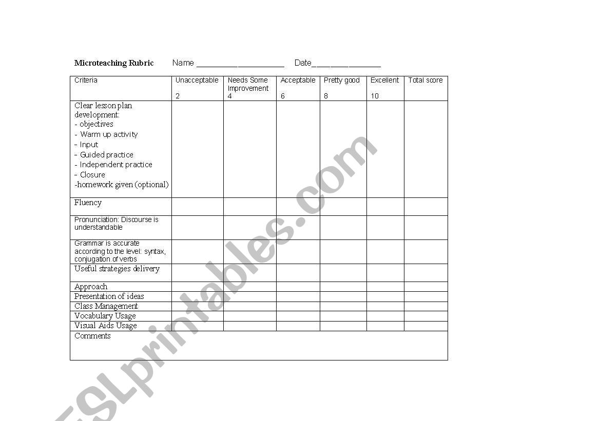 RUBRIC EXAMPLE worksheet