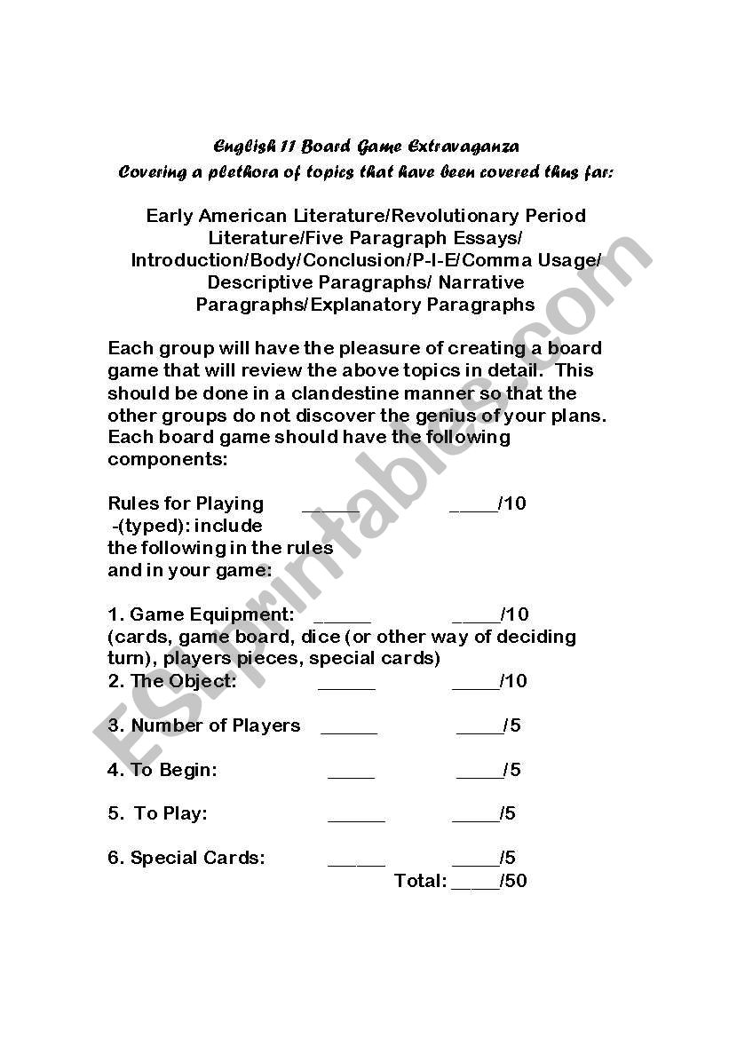 rubric for boardgame activity worksheet
