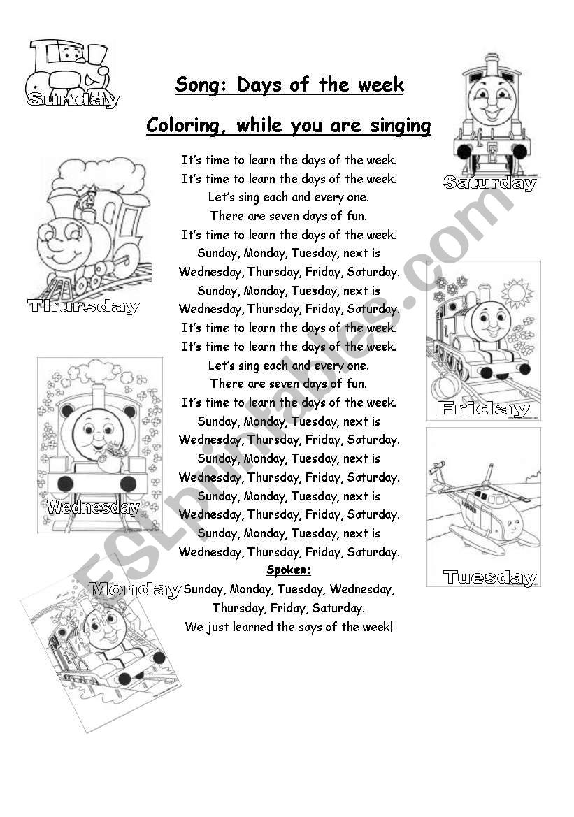 Days of the week song worksheet