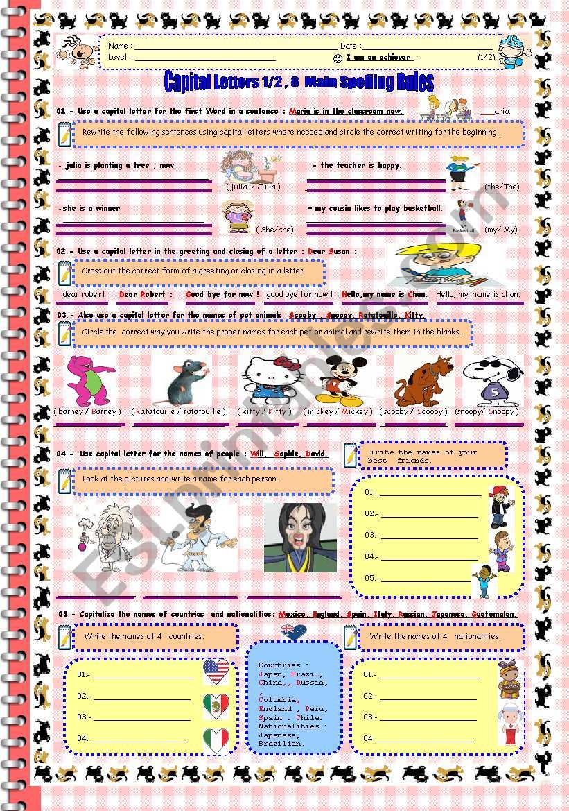 Capital Letters , 8 Main Spelling Rules . (2 worksheets in one file )