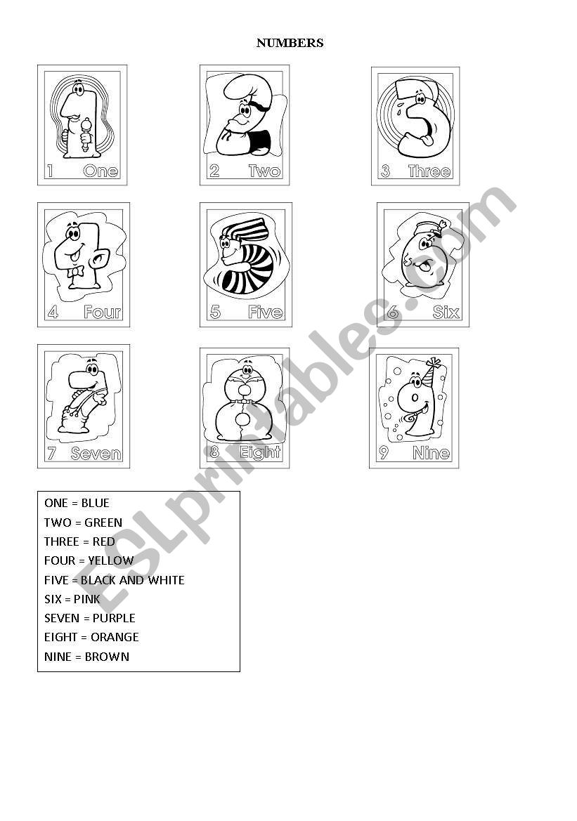 English worksheets Numbers 19 / colours